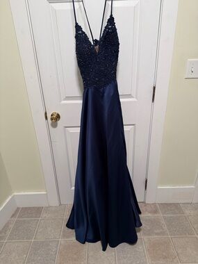 Faviana Navy Beaded V-Neck Satin Prom Gown